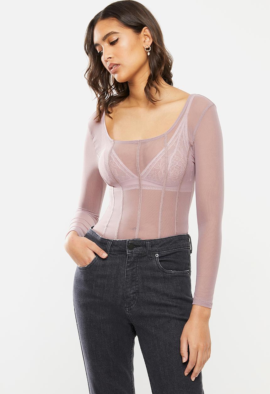 VELVET - Mesh panelled long sleeve top - mauve