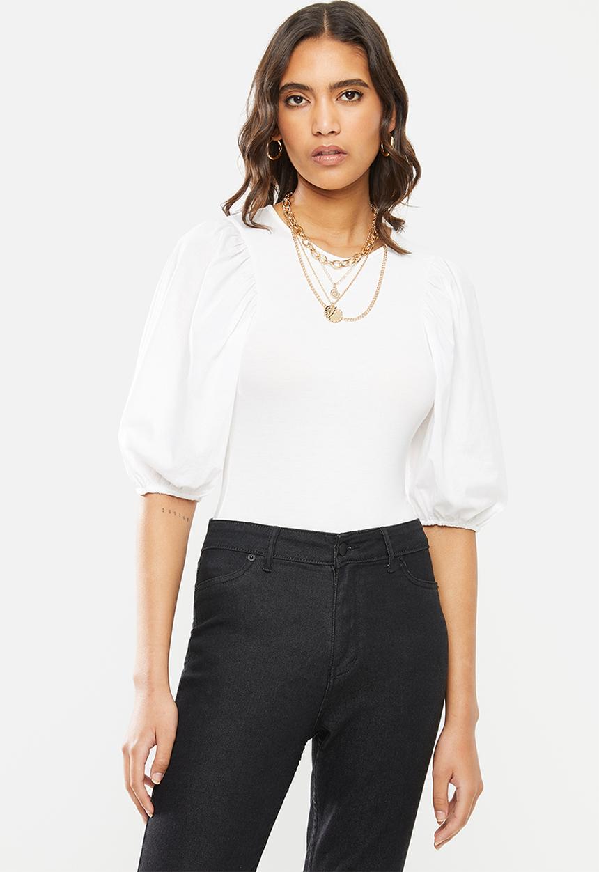 VELVET - Puff sleeve combo bodysuit - white 