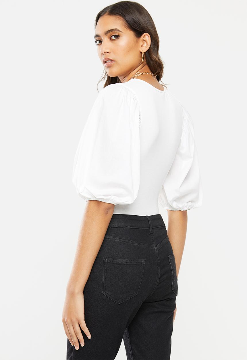 VELVET - Puff sleeve combo bodysuit - white 