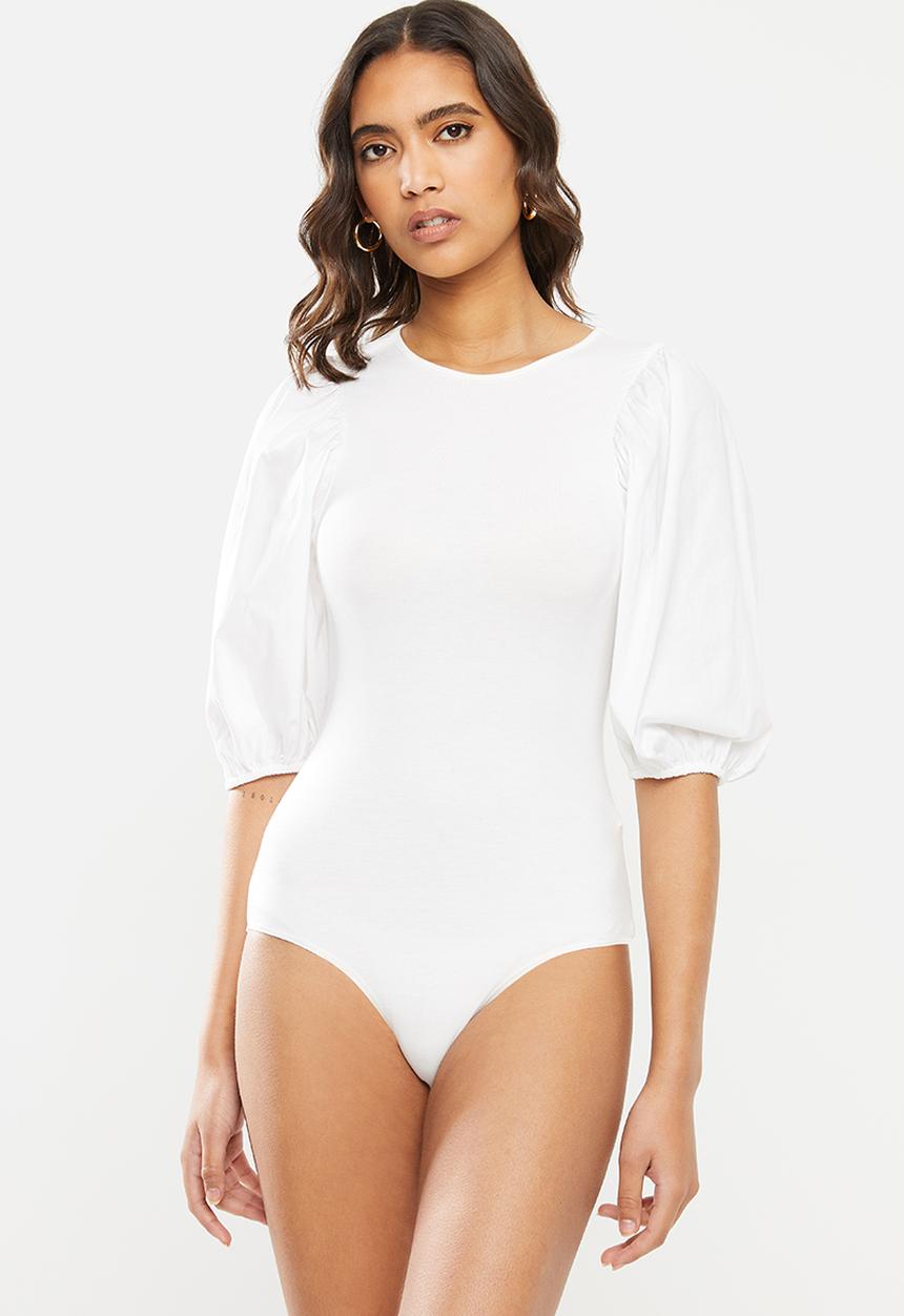 VELVET - Puff sleeve combo bodysuit - white 