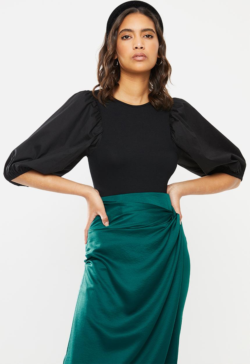 VELVET - Puff sleeve combo bodysuit - black