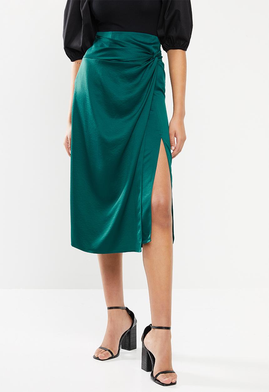 VELVET - Satin mock wrap midi skirt - green