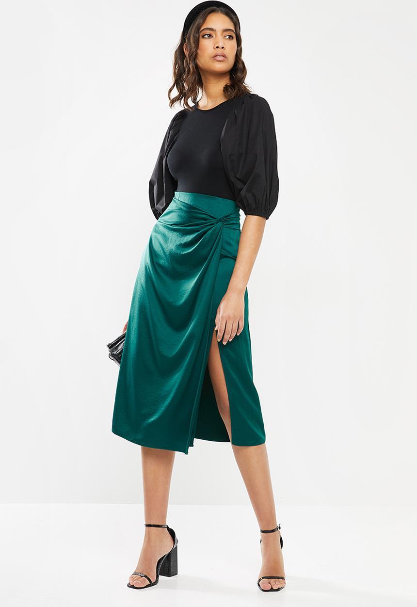 VELVET - Satin mock wrap midi skirt - green