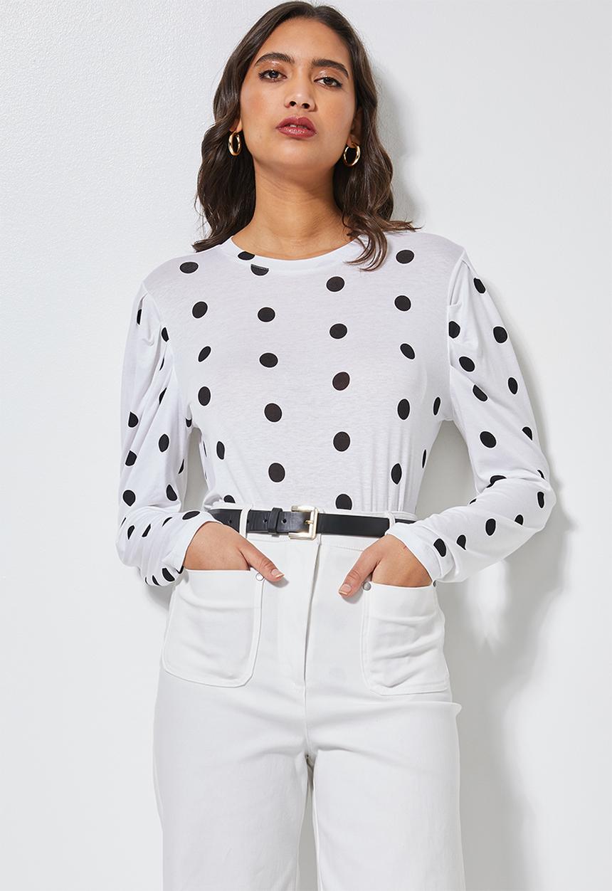 Superbalist - Round neck gauged sleeve top - white & black