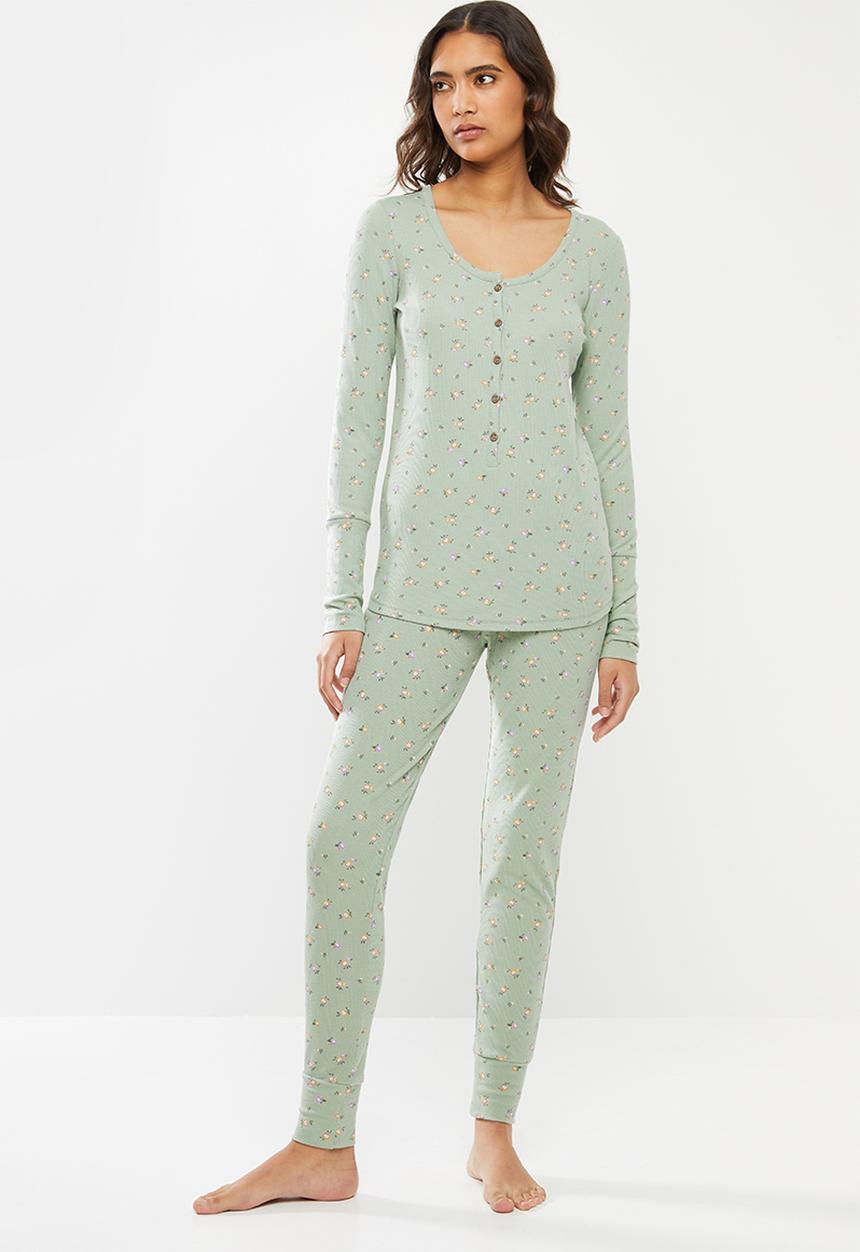 Cotton On - Waffle henley long john set - ditzy garden washed aloe