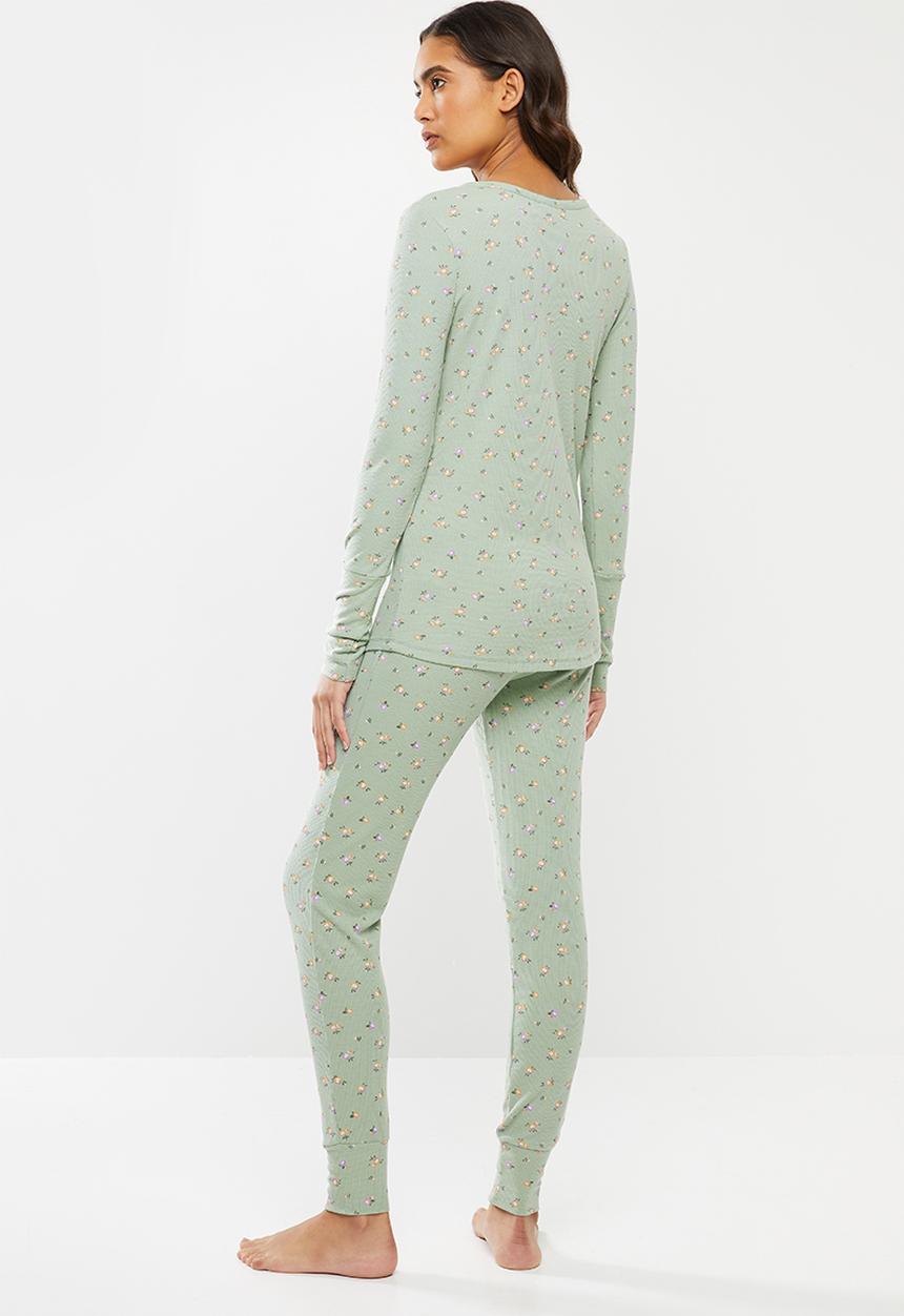 Cotton On - Waffle henley long john set - ditzy garden washed aloe