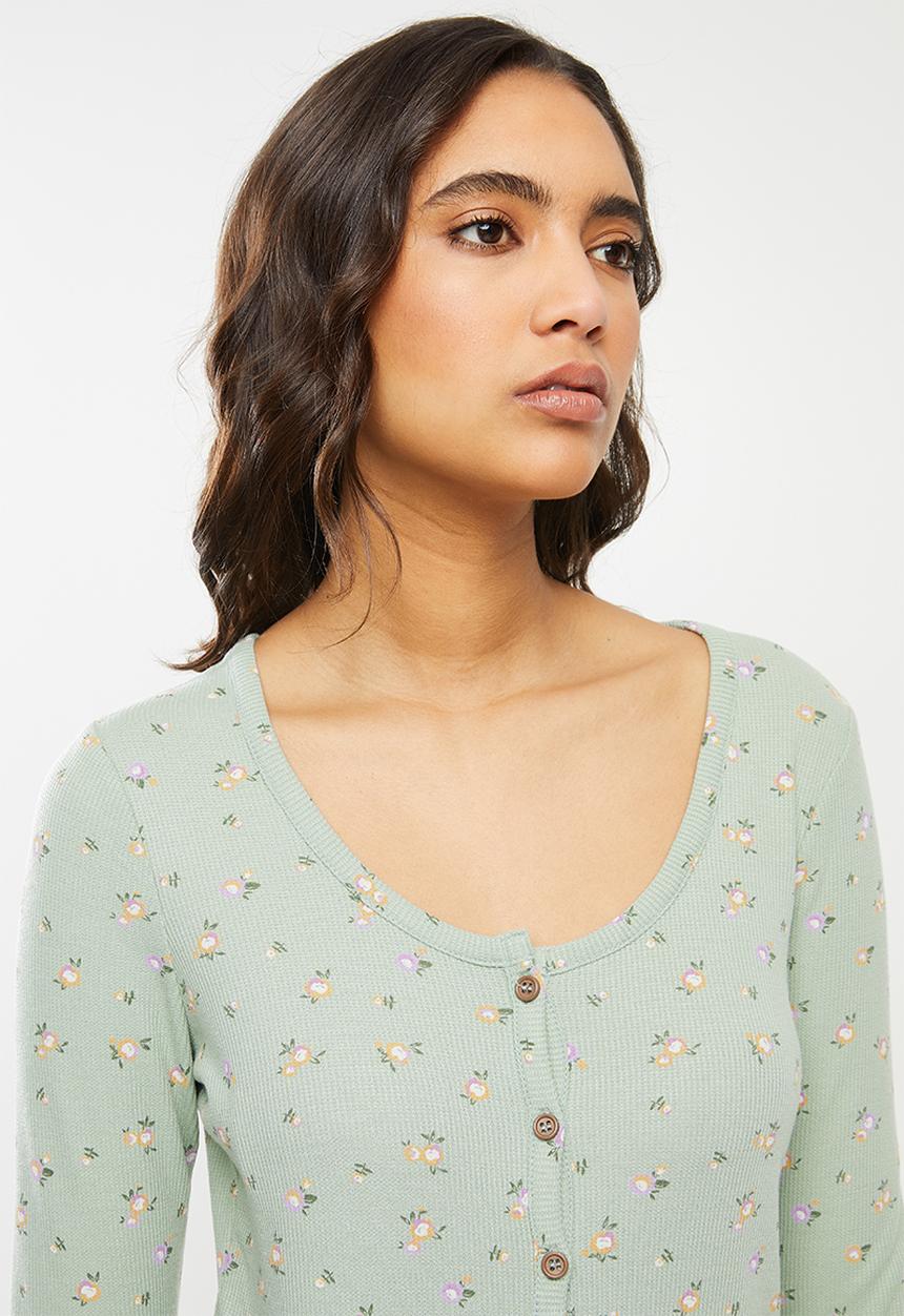 Cotton On - Waffle henley long john set - ditzy garden washed aloe