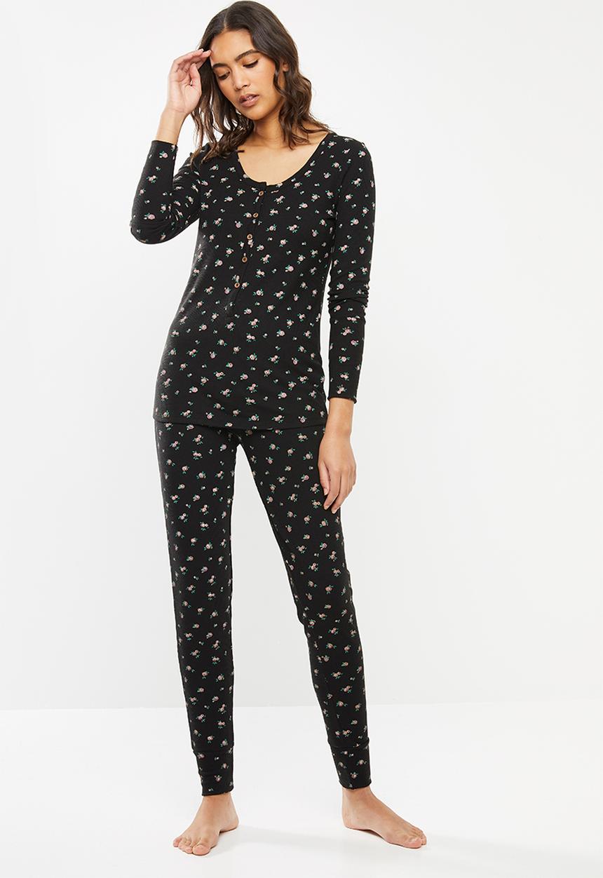 Cotton On - Waffle henley long john set - ditzy garden washed black
