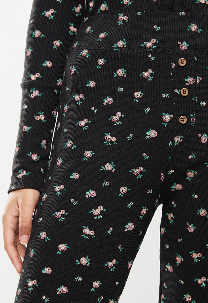 Cotton On - Waffle henley long john set - ditzy garden washed black
