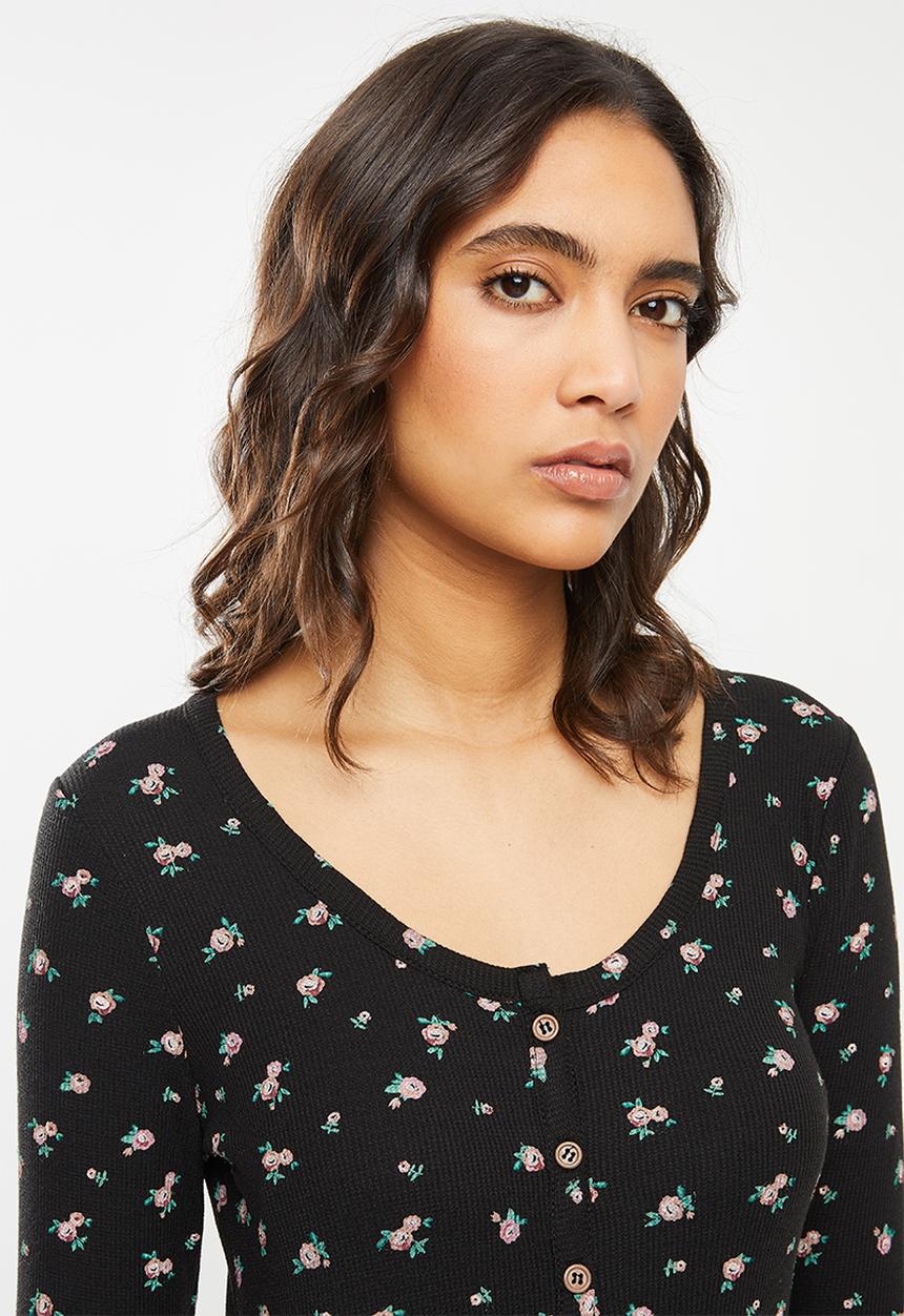 Cotton On - Waffle henley long john set - ditzy garden washed black