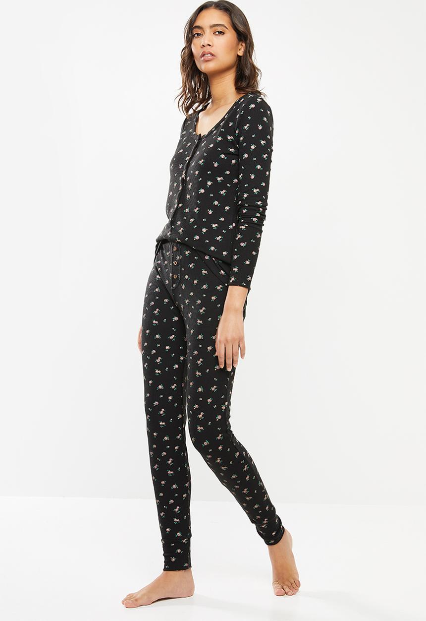 Cotton On - Waffle henley long john set - ditzy garden washed black