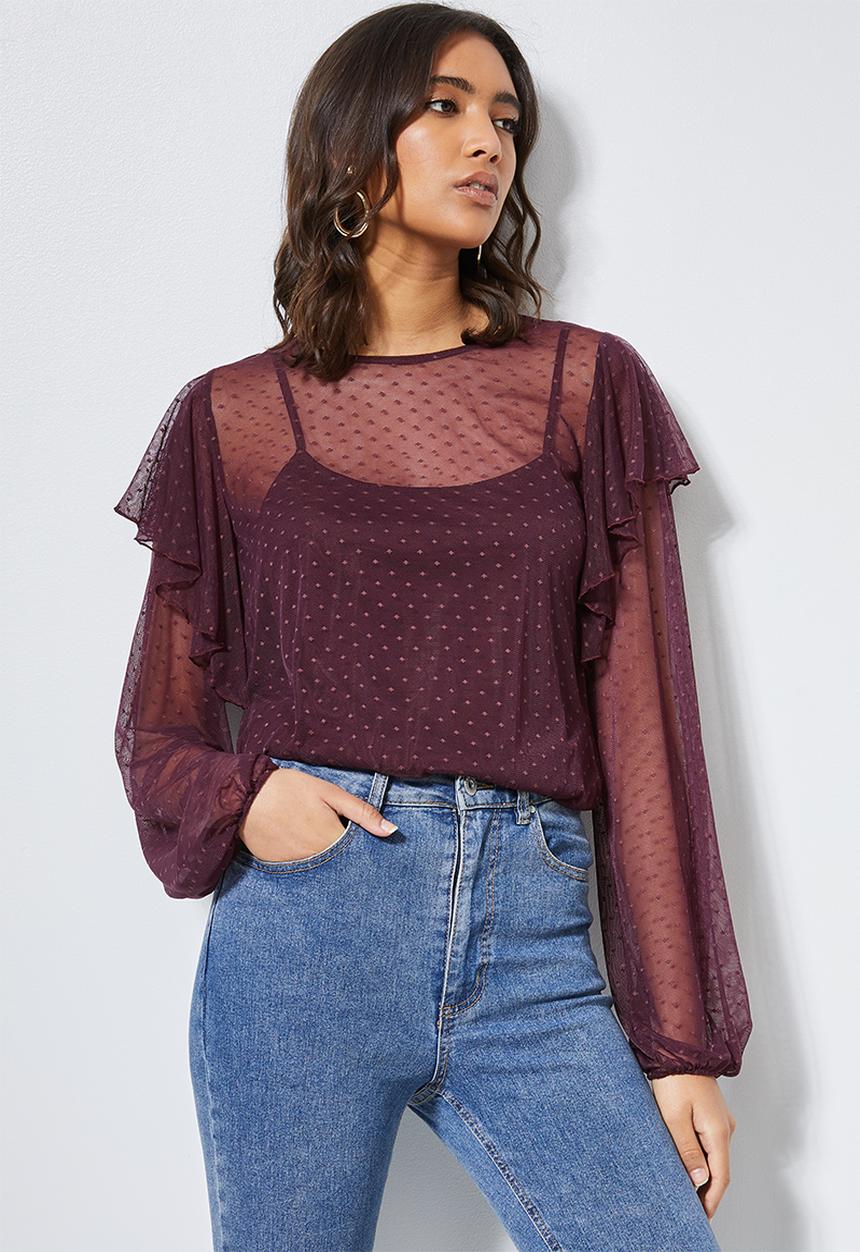 Superbalist - Dobby mesh femme top - burgundy 