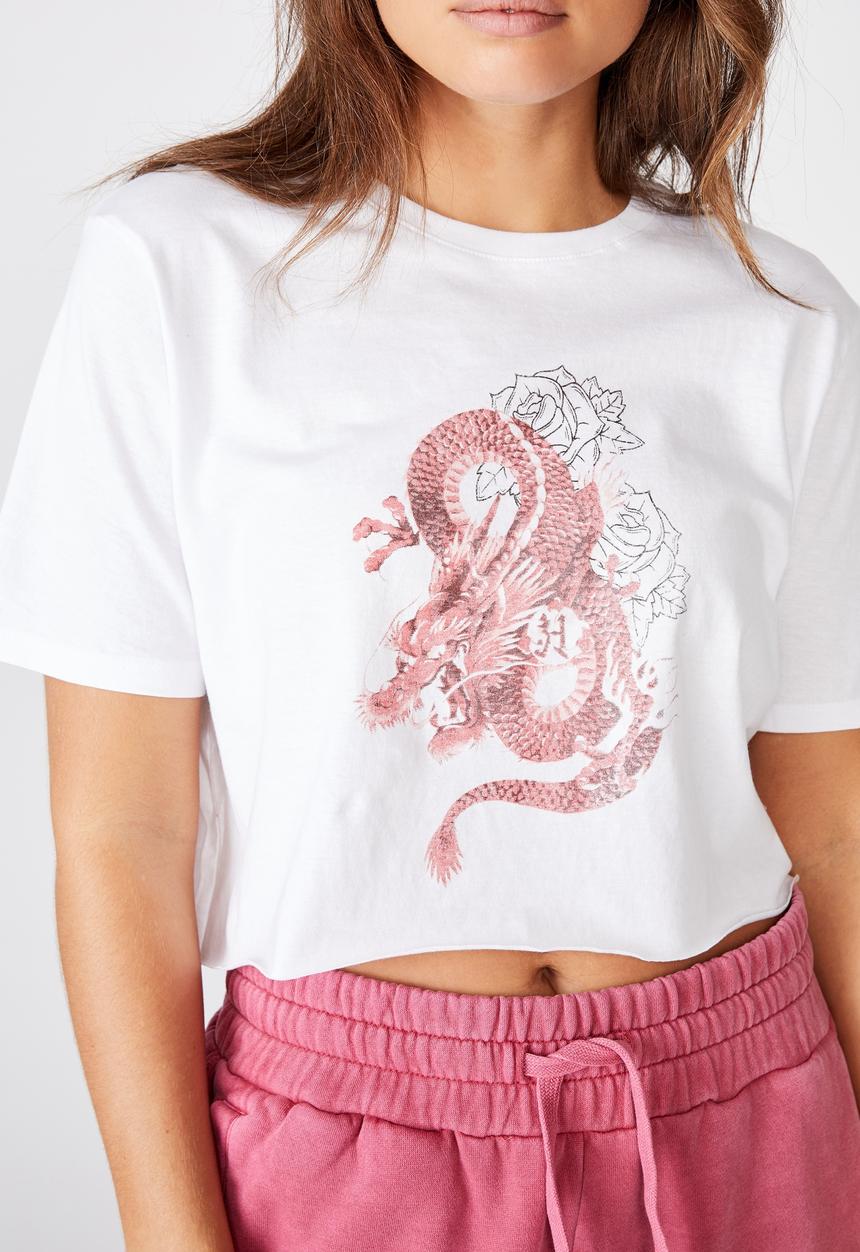 Factorie - Short sleeve raw edge crop T-shirt twisted dragon - white