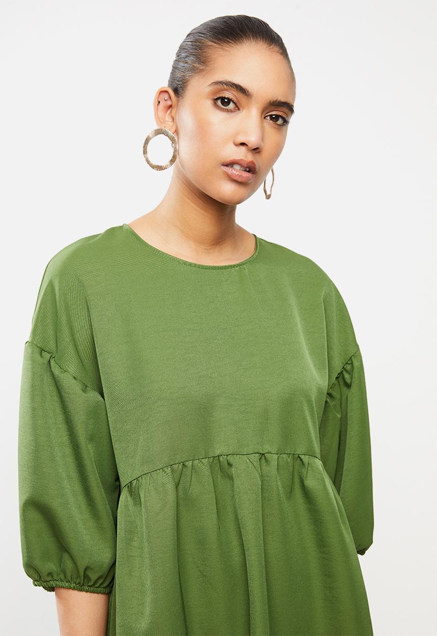 Blake - Faux cupro tiered mini dress - green