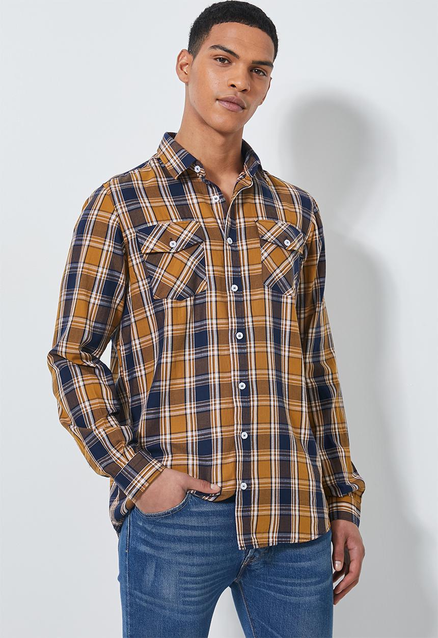 Superbalist - Barber regular fit long sleeve shirt - brown & navy