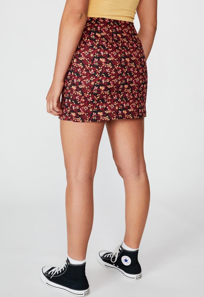 Factorie - Double split mini skirt - abstract ruby floral
