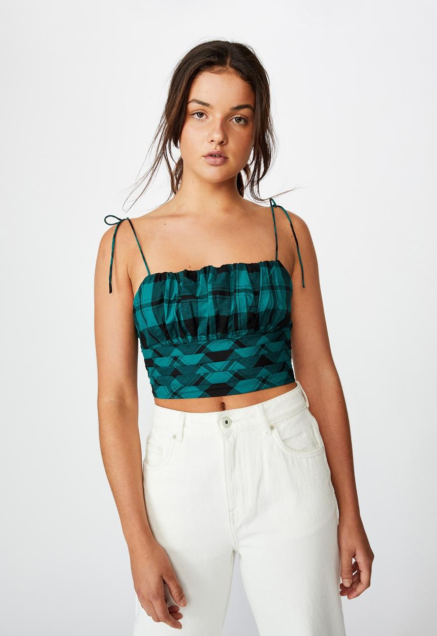 Factorie - Tie strap cami - pacific green check