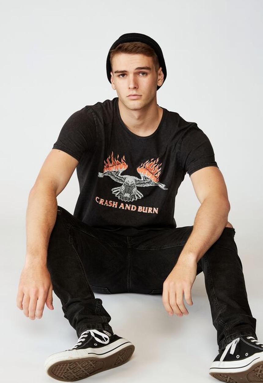 Factorie - Crash and burn curved graphic T-shirt - washed black