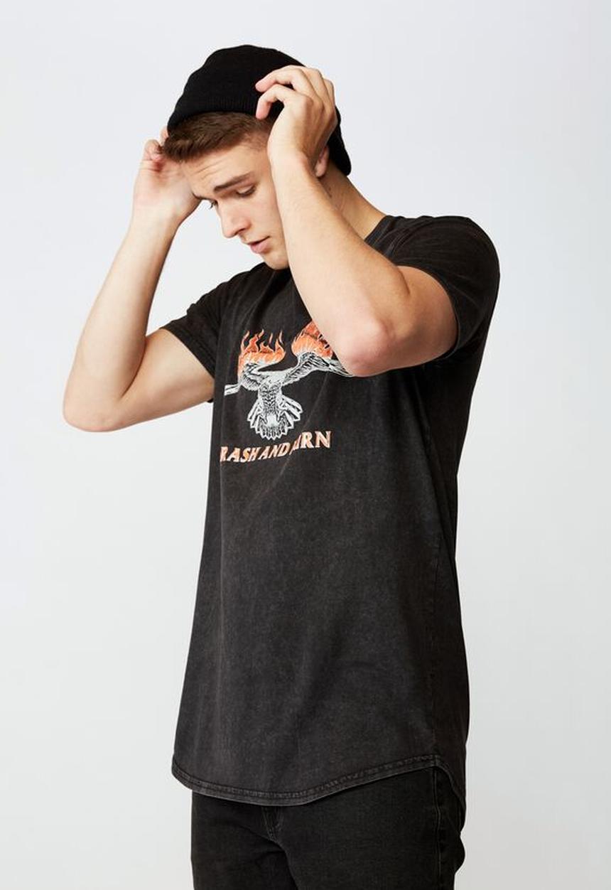 Factorie - Crash and burn curved graphic T-shirt - washed black