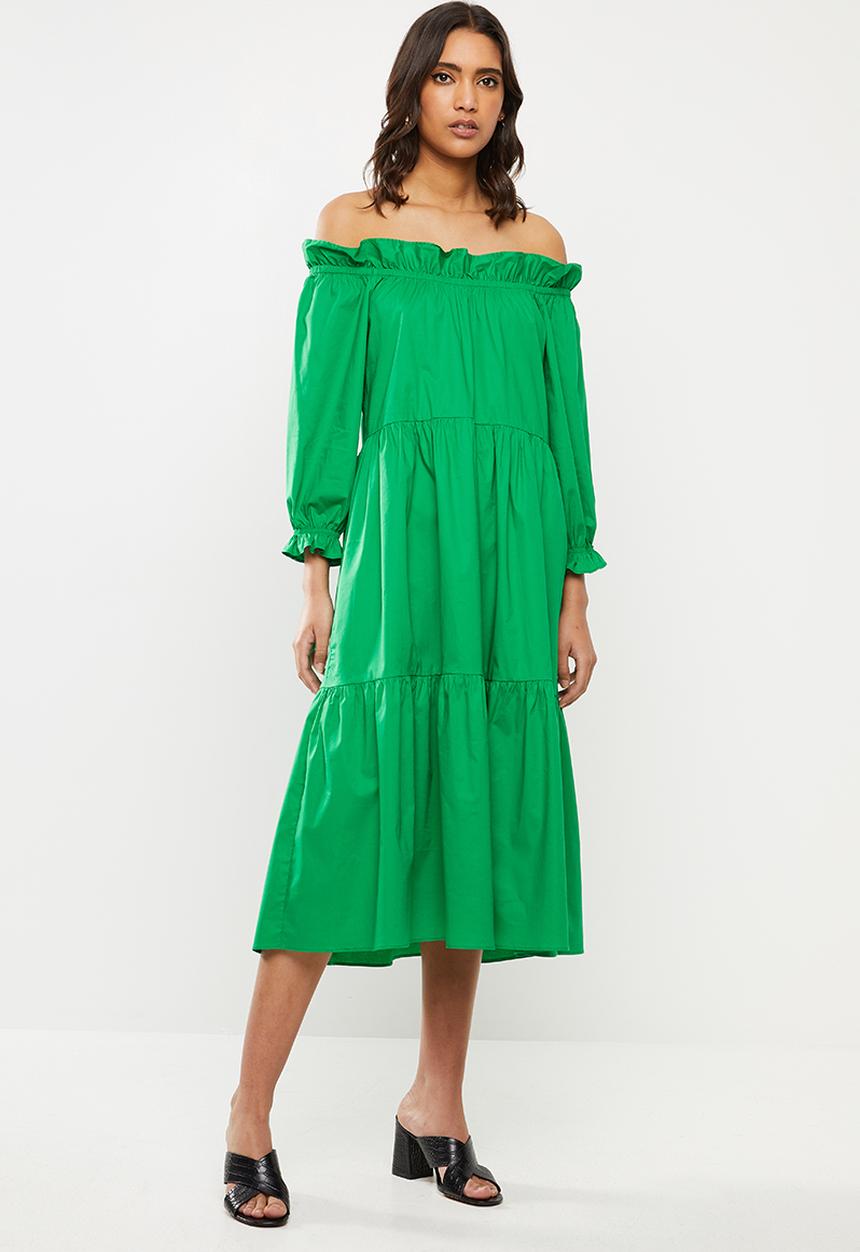 VELVET - Poplin ots tiered midi dress - green