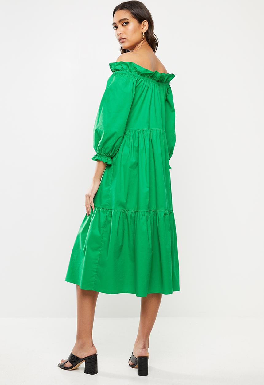 VELVET - Poplin ots tiered midi dress - green