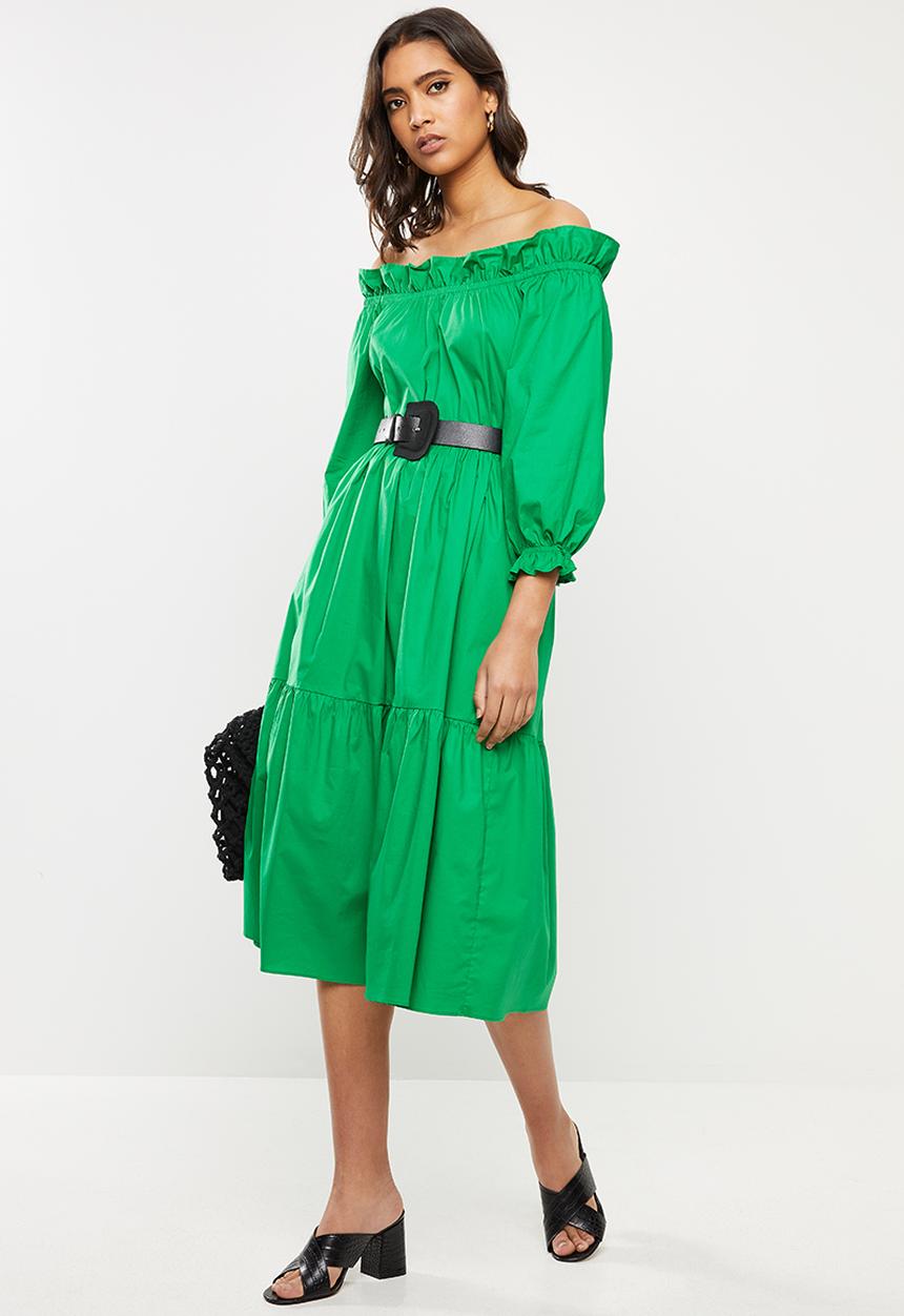 VELVET - Poplin ots tiered midi dress - green