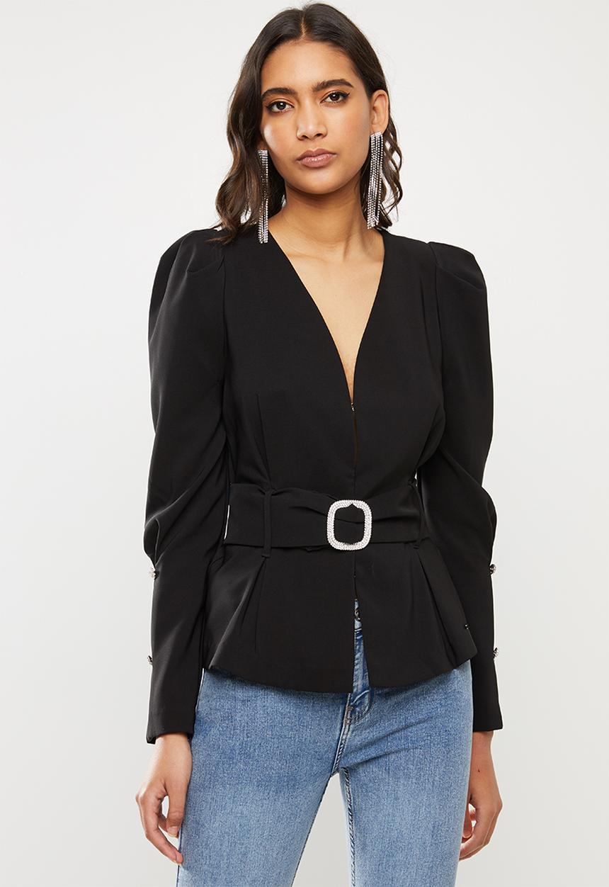 SISSY BOY - Girl boss belted puff sleeve jacket - black
