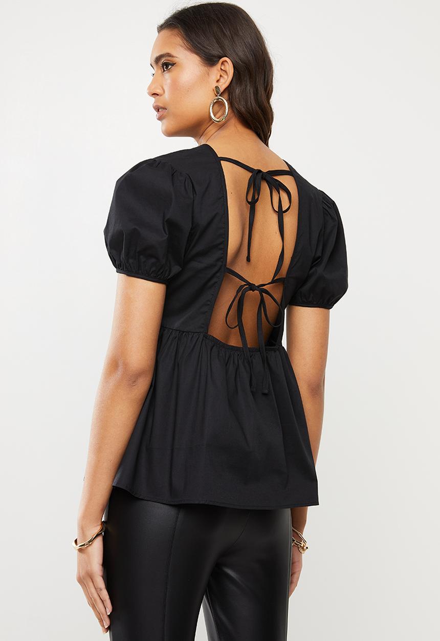 VELVET - Puff sleeve backless peplum blouse - black