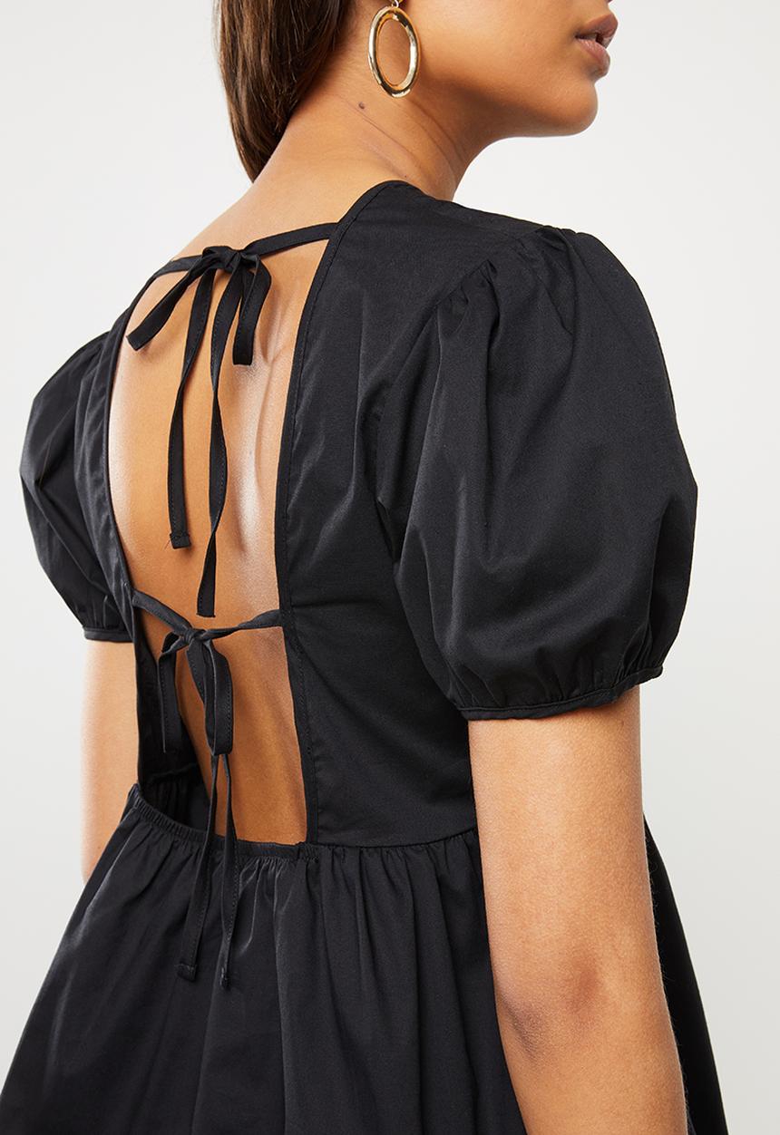 VELVET - Puff sleeve backless peplum blouse - black
