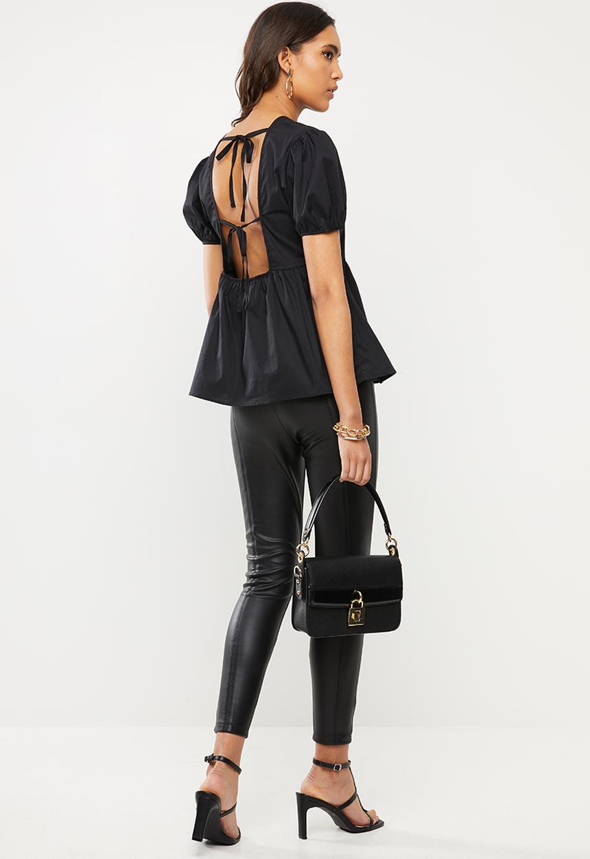 VELVET - Puff sleeve backless peplum blouse - black