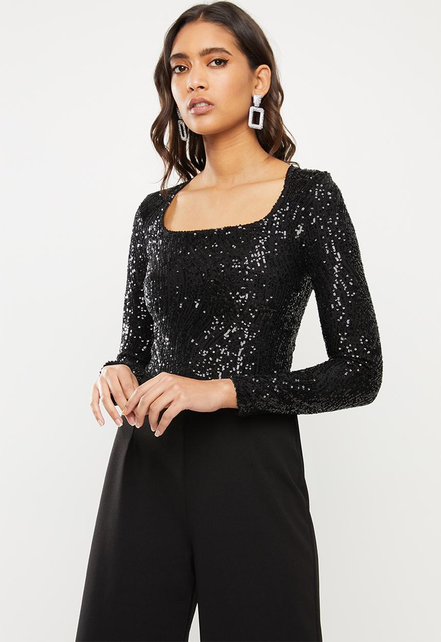 SISSY BOY - Girl boss sequin scoop neck bodysuit - black