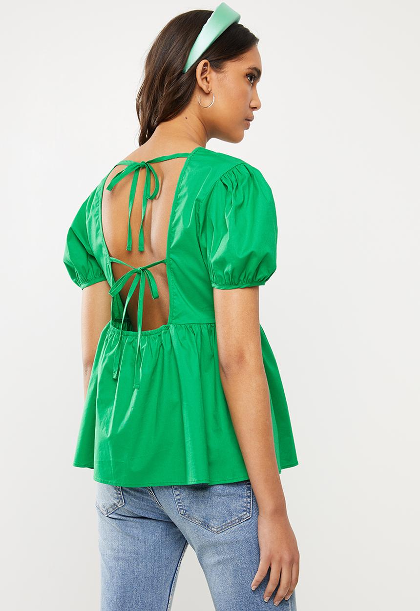 VELVET - Puff sleeve backless peplum blouse - green