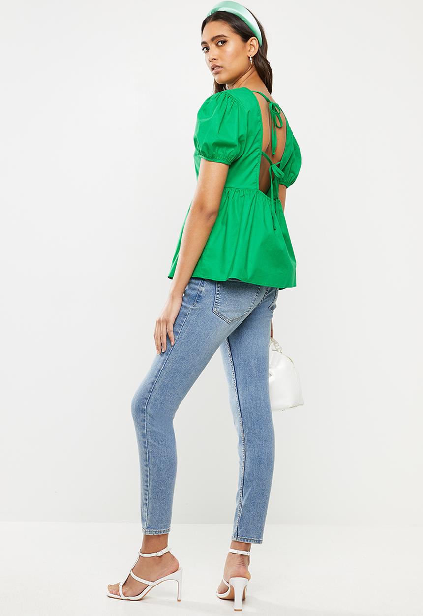 VELVET - Puff sleeve backless peplum blouse - green