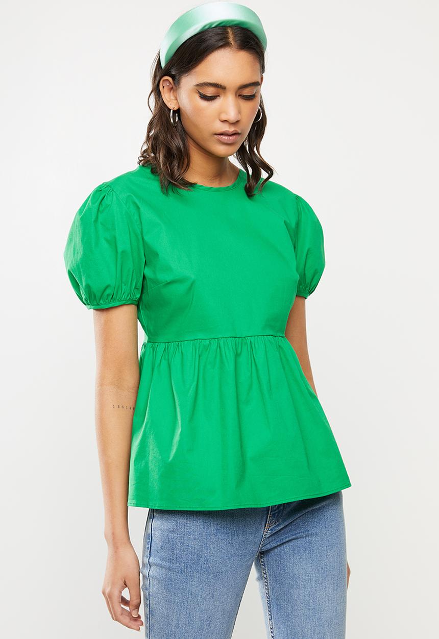 VELVET - Puff sleeve backless peplum blouse - green