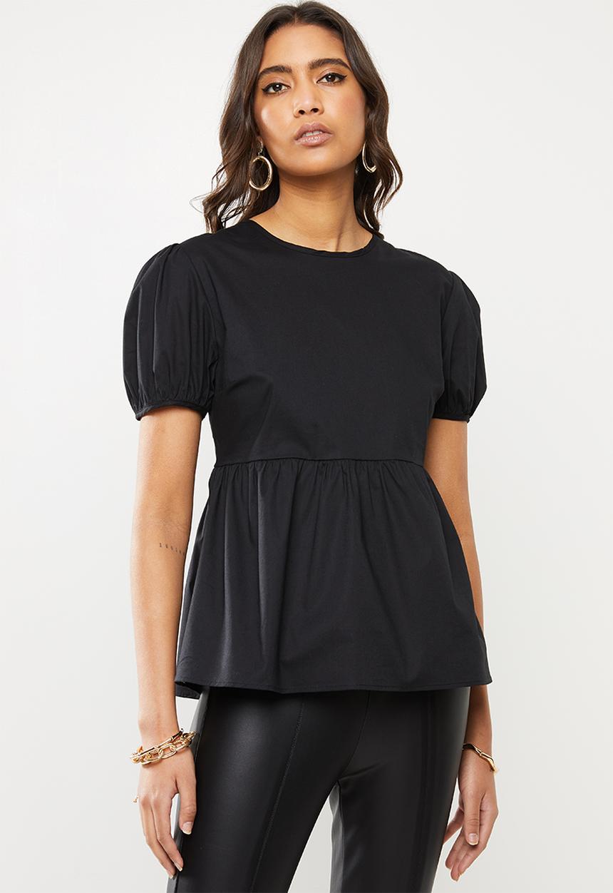 VELVET - Puff sleeve backless peplum blouse - black
