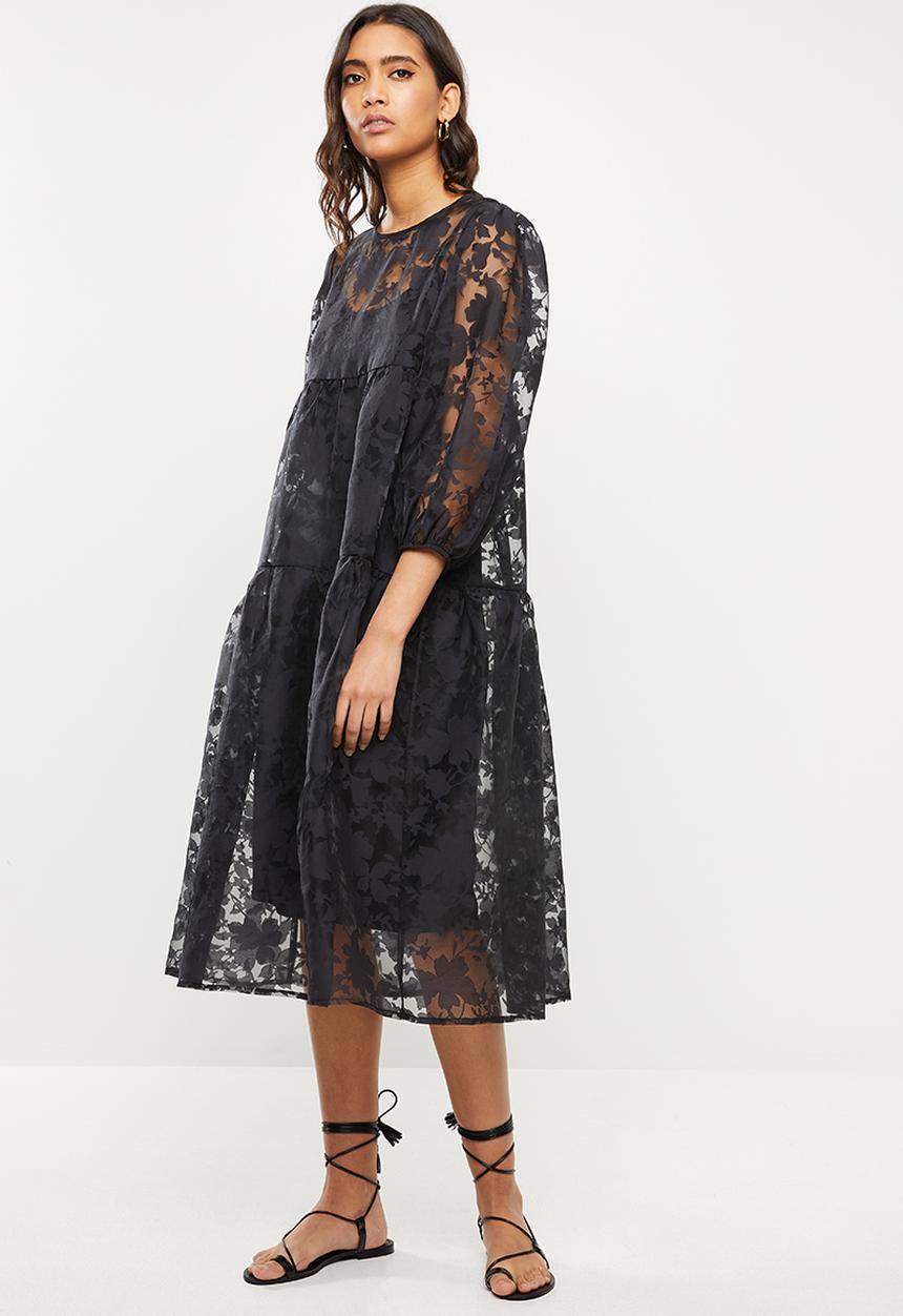 VELVET - Organza burn out tiered midi dress - black