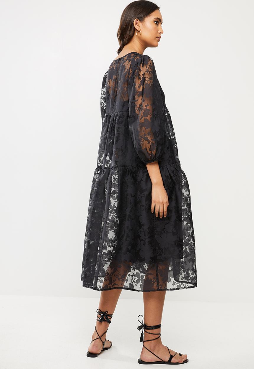 VELVET - Organza burn out tiered midi dress - black