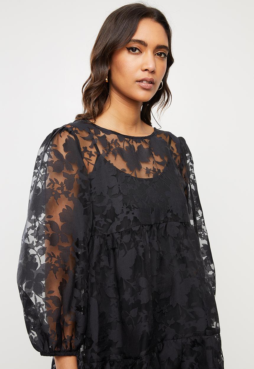VELVET - Organza burn out tiered midi dress - black