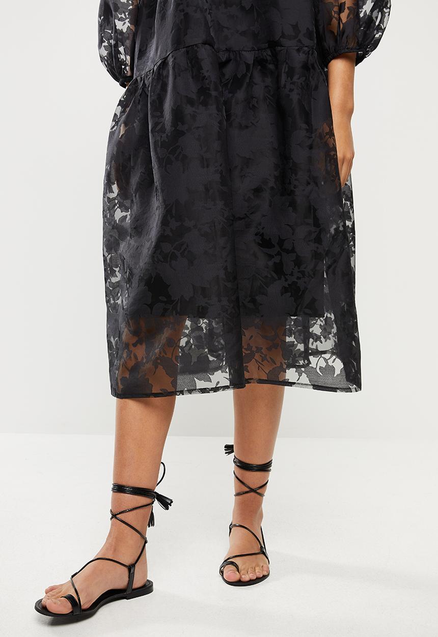 VELVET - Organza burn out tiered midi dress - black