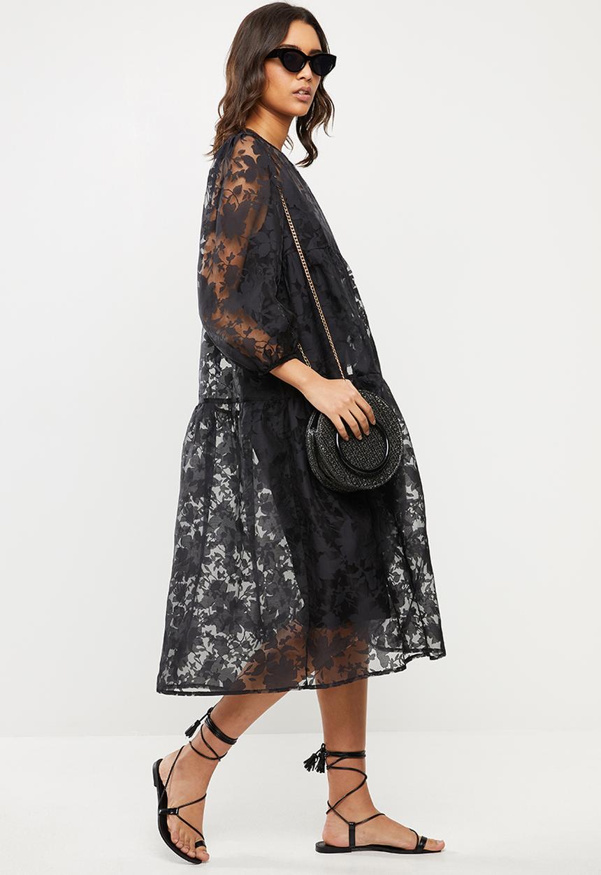 VELVET - Organza burn out tiered midi dress - black
