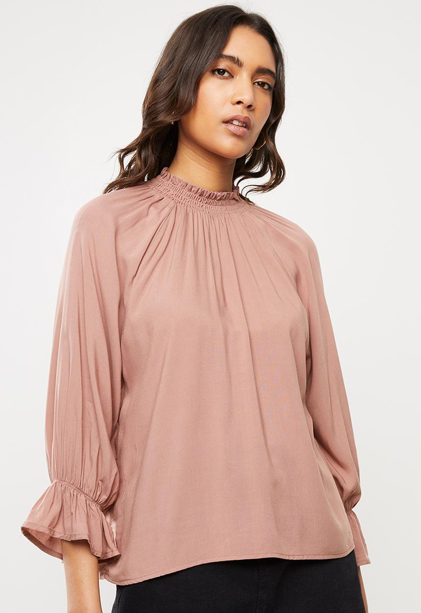 Cotton On - Lily shirred mock neck 3/4 frill sleeve blouse - burlwood