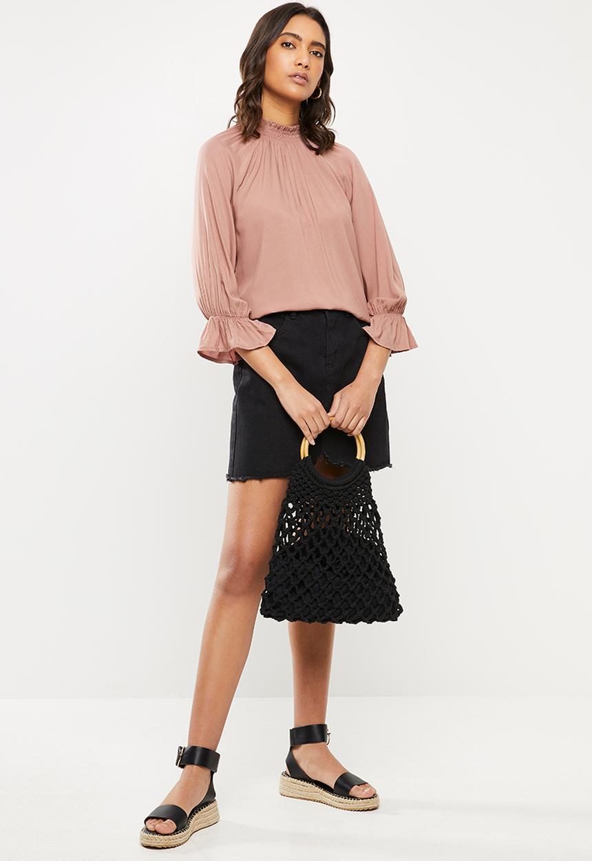 Cotton On - Lily shirred mock neck 3/4 frill sleeve blouse - burlwood