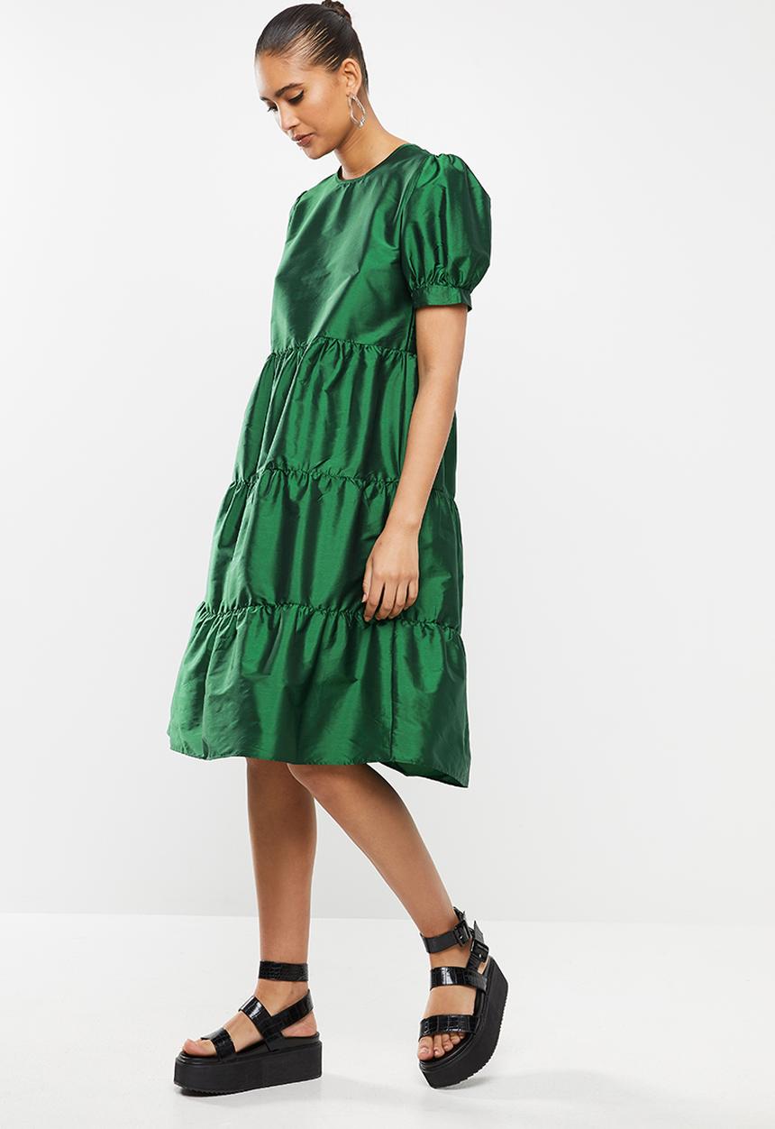 Blake - Puff sleeve tiered dress - green