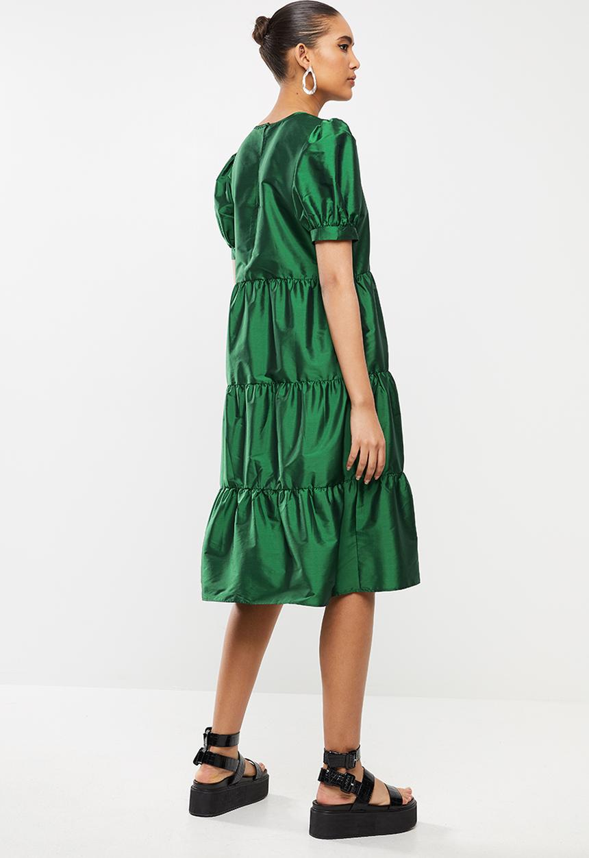 Blake - Puff sleeve tiered dress - green