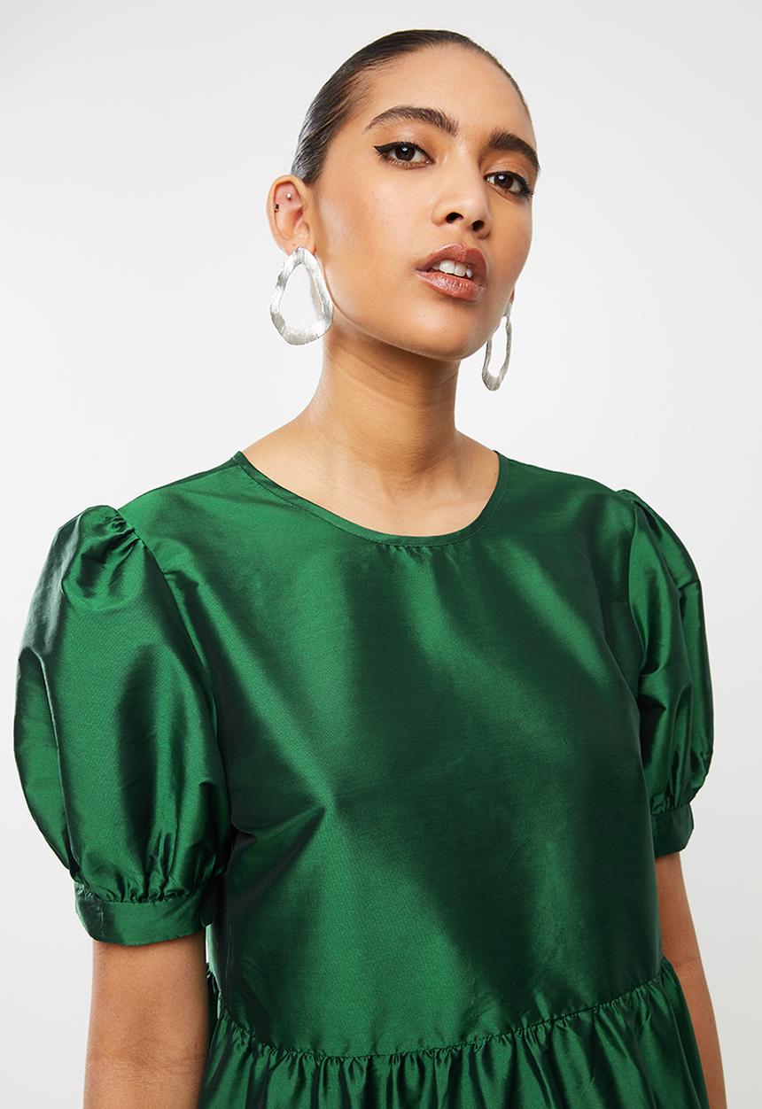 Blake - Puff sleeve tiered dress - green