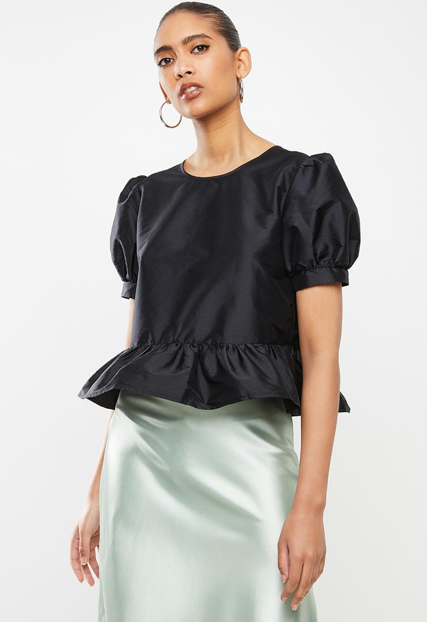 Blake - Volume sleeve crop top with bow back - black