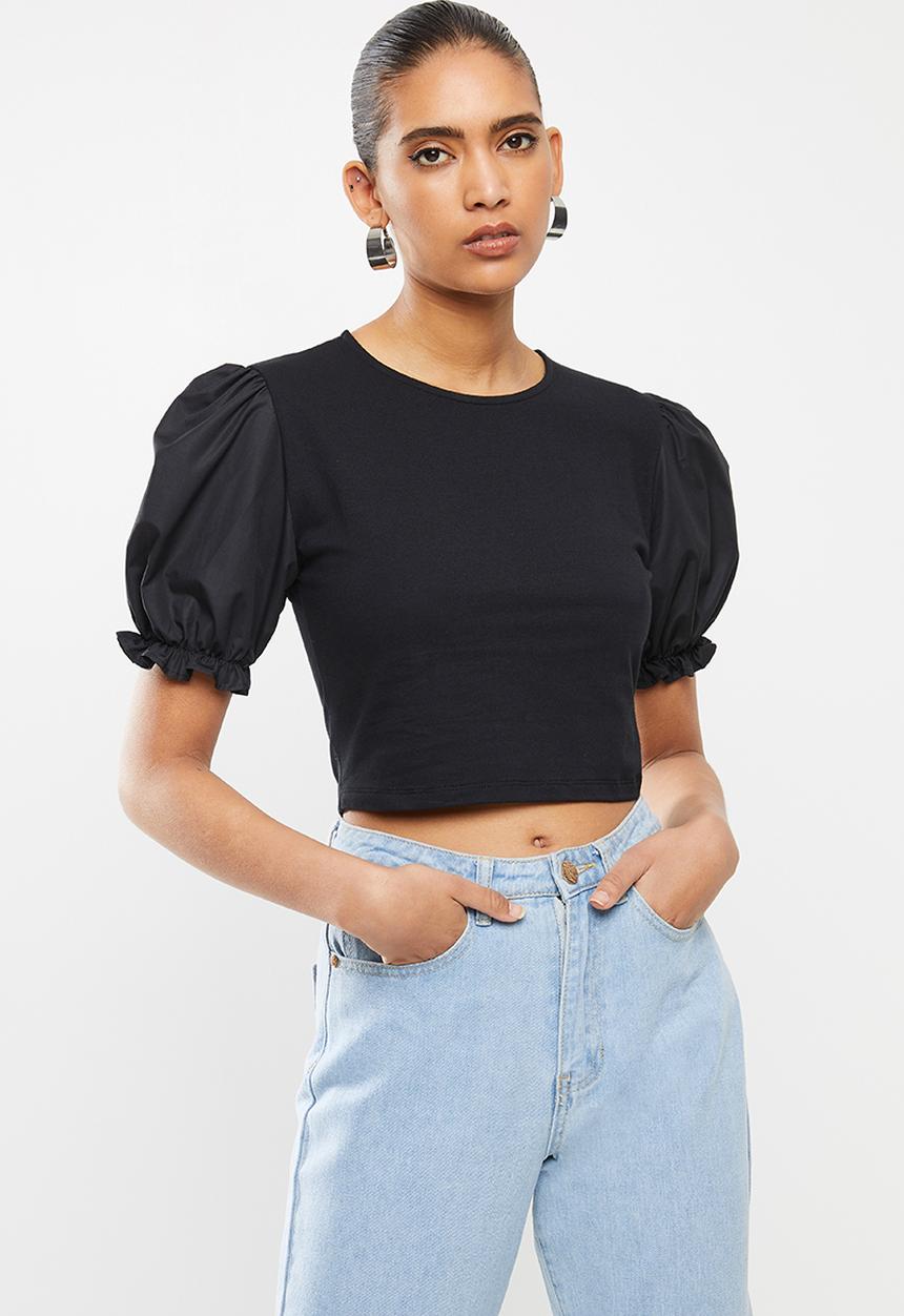 Blake - Combo top with puff sleeve - black