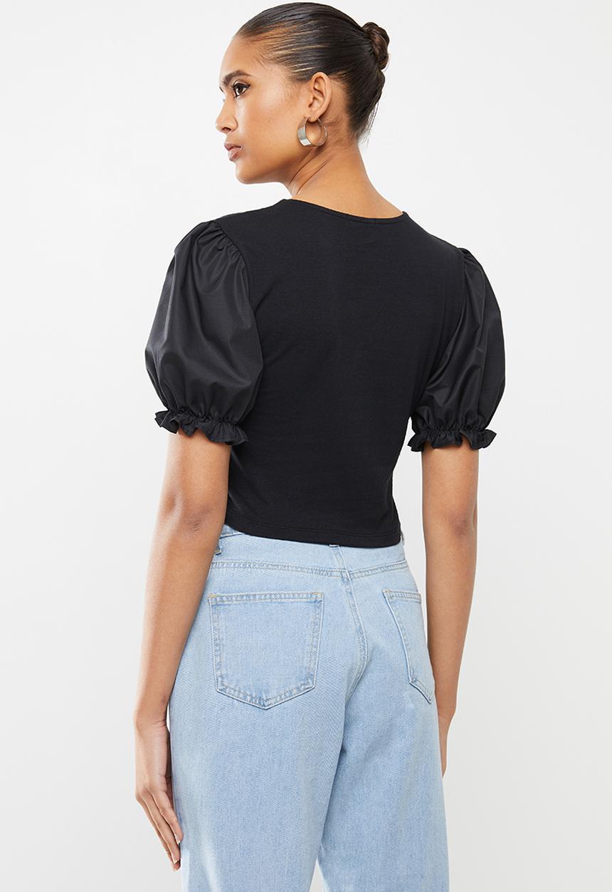 Blake - Combo top with puff sleeve - black