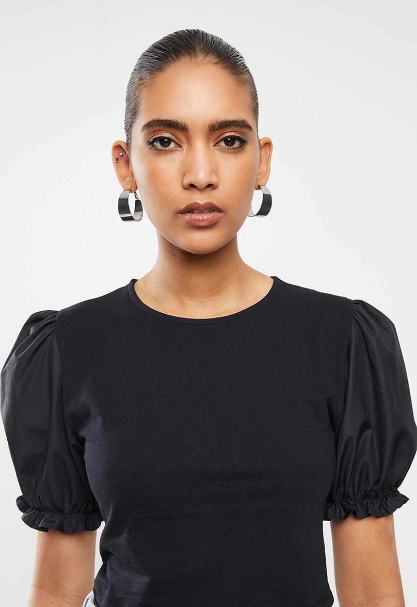 Blake - Combo top with puff sleeve - black