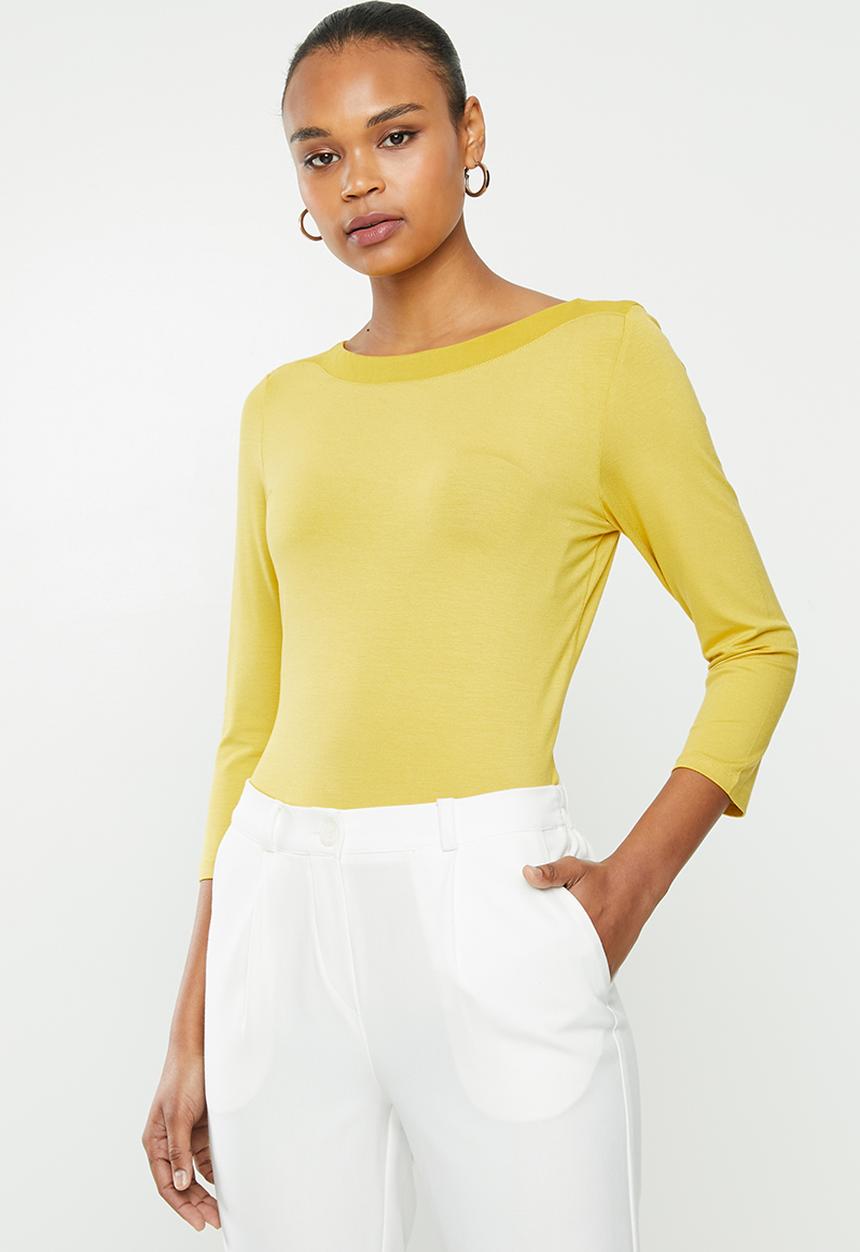 edit - Long sleeve knit woven slash neck tee - yellow